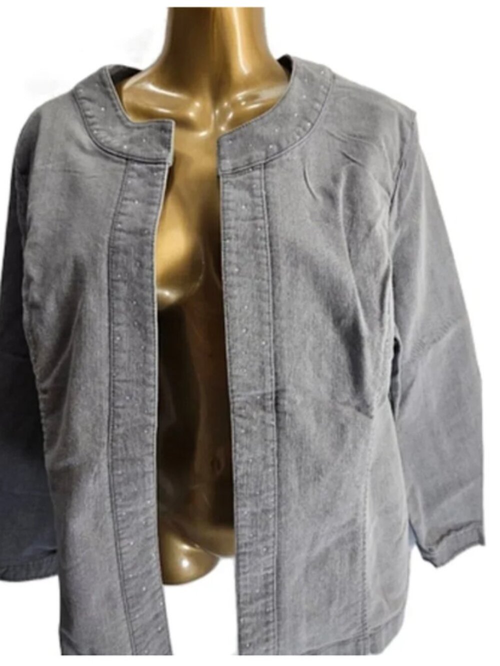 Chico's Gray Denim Open Front Embellished Jacket size 2